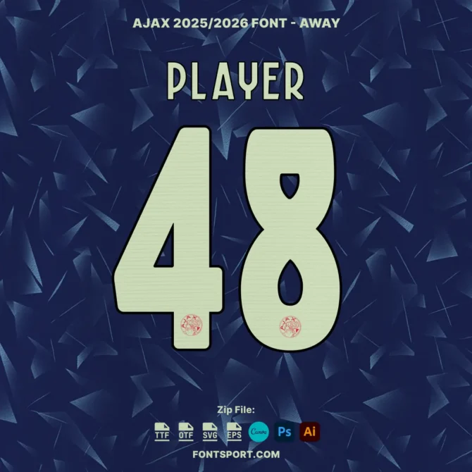 Ajax 2025/2026 away kit font preview – stylized mint green numbers on dark blue background with Ajax club crest on number base