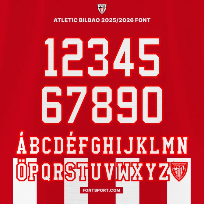 Athletic Bilbao Font Kit 2025/2026 full character set preview with bold LA Liga-inspired numbers and uppercase alphabet, including multilingual characters and official club logo for fan-made jerseys and posters.