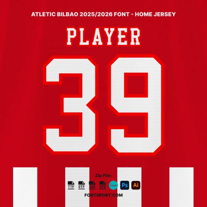 Athletic Bilbao Font Kit 2025/2026 home jersey mockup showing player number 39 in bold LA Liga-inspired typeface with red outline, ideal for football merchandise and custom jersey designs.