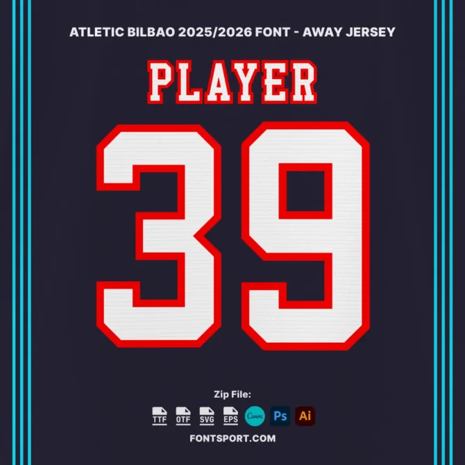 Athletic Bilbao Font Kit 2025/2026 away jersey design displaying player number 39 in white font with red outline, perfect for La Liga fan-made products and creative football projects.