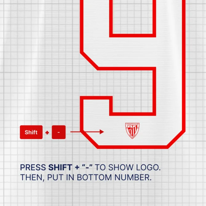 Athletic Bilbao Font Kit 2025/2026 feature showing how to insert the official Athletic Club logo in jersey numbers using Shift + dash key, compatible for use in OTF, TTF, SVG, and vector formats.