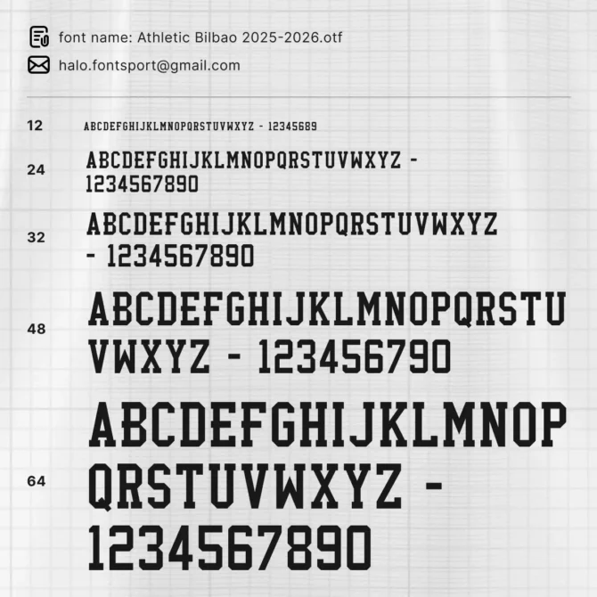 Athletic Bilbao Font Kit 2025/2026 typography style sheet showing uppercase letters A–Z and numbers 0–9 in various font sizes, designed for La Liga football jersey customizations and digital creations.