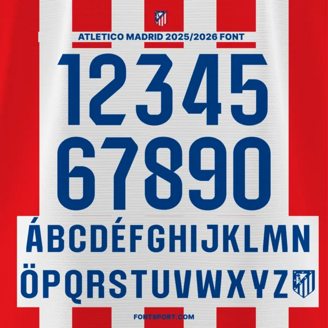 Atletico Madrid Font Kit 2025/2026 – overview of full character set A–Z and 0–9