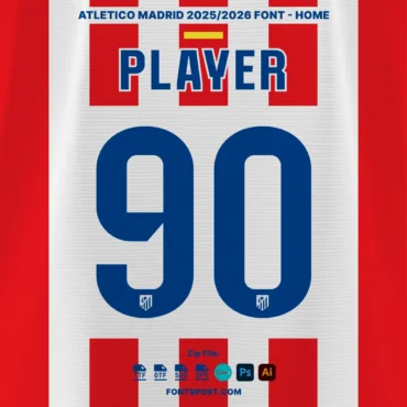 Atletico Madrid Font Kit 2025/2026 – overview of Player and numer 90 on home jersey color background
