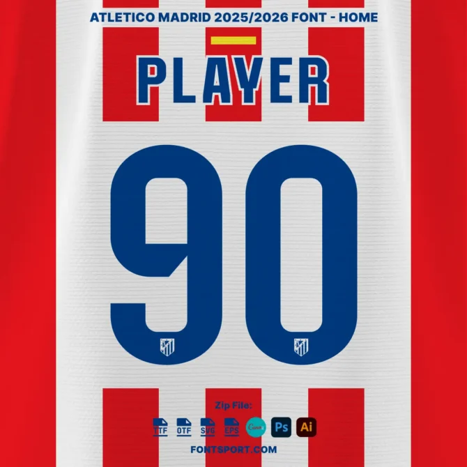 Atletico Madrid Font Kit 2025/2026 – overview of Player and numer 90 on home jersey color background