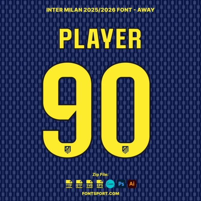 Atletico Madrid Font Kit 2025/2026 – overview of Player and numer 90 on away jersey color background
