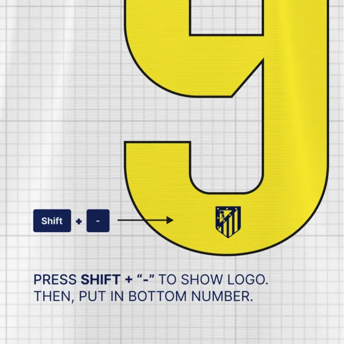 Instruction to add Atletico Madrid logo in 2025/2026 font kit by typing Shift + - to insert club emblem into bottom of numbers, available in OTF, TTF, and SVG formats