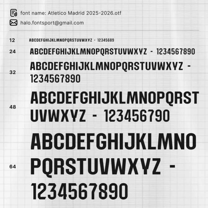Atletico Madrid Font Kit 2025/2026 full alphabet and numeric preview in different sizes and weights from 12pt to 64pt – ideal for jersey number layout and creative projects