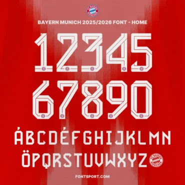 Bayern Munich Home 2025/2026 font kit showing bold numbers 0-9 and uppercase A-Z letters with FC Bayern München logo, Bundesliga inspired football font for jersey and merchandise design.