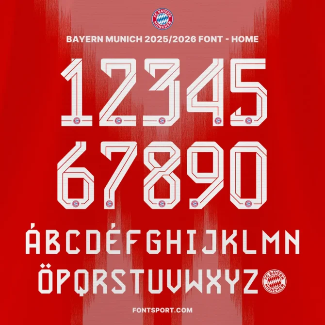 Bayern Munich Home 2025/2026 font kit showing bold numbers 0-9 and uppercase A-Z letters with FC Bayern München logo, Bundesliga inspired football font for jersey and merchandise design.