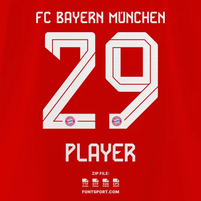 FC Bayern München Home jersey font 2025/2026 displaying number 29 with Bayern logo, perfect Bundesliga font for jersey mockups, posters, and fan-made products.