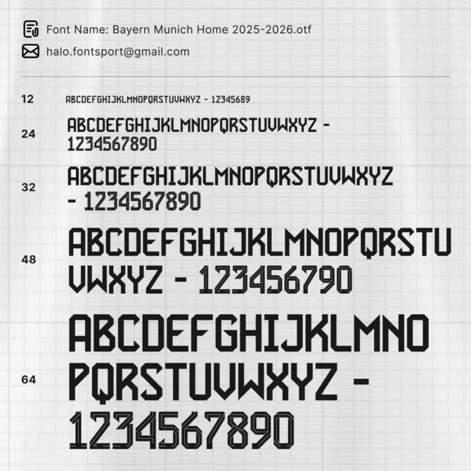 Bayern Munich Home 2025/2026 font kit typeface styles in OTF, TTF, and vector formats, Bundesliga font for football jerseys, posters, and creative design.