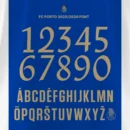 F.C. Porto 2025/2026 Font Kit showcasing golden numbers 0–9 and uppercase multilingual alphabet in Primeira Liga style on blue background