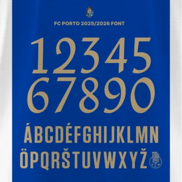 F.C. Porto 2025/2026 Font Kit showcasing golden numbers 0–9 and uppercase multilingual alphabet in Primeira Liga style on blue background