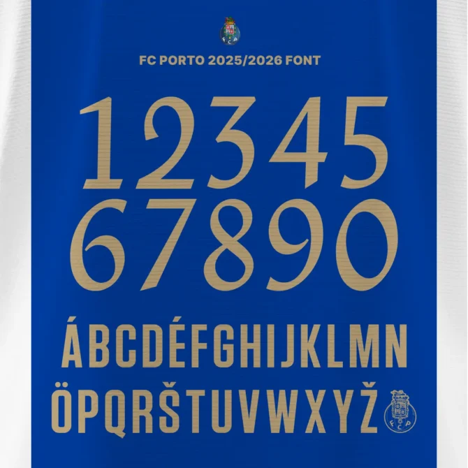F.C. Porto 2025/2026 Font Kit showcasing golden numbers 0–9 and uppercase multilingual alphabet in Primeira Liga style on blue background