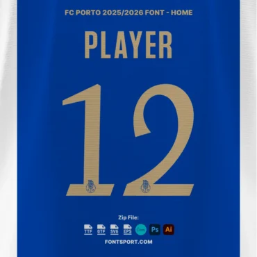 F.C. Porto 2025/2026 Font Kit home jersey mockup with gold number '12' and integrated FCP logo, compatible with OTF, TTF, SVG, and EPS