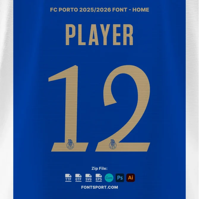 F.C. Porto 2025/2026 Font Kit home jersey mockup with gold number '12' and integrated FCP logo, compatible with OTF, TTF, SVG, and EPS
