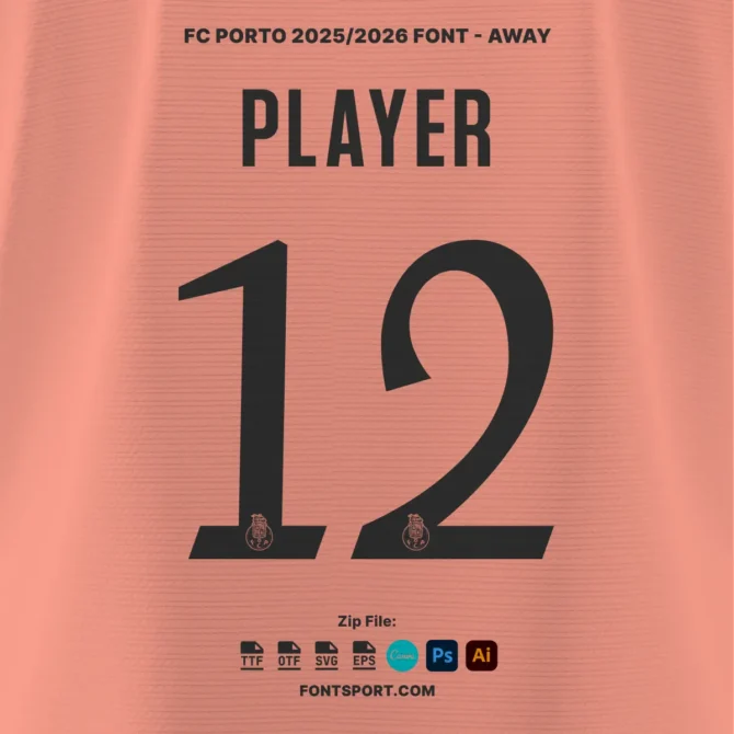 F.C. Porto 2025/2026 Font Kit away jersey mockup on salmon-pink background, black number design featuring built-in FC Porto logo