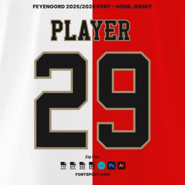 Feyenoord Font Kit 2025/2026 – overview of Player and numer 29 on home jersey color background - white and red