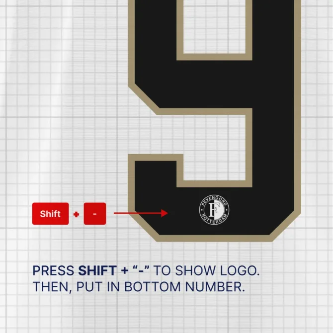 Instruction to add Feyenoord logo in 2025/2026 font kit by typing Shift + - to insert club emblem into bottom of numbers, available in OTF, TTF, and SVG formats