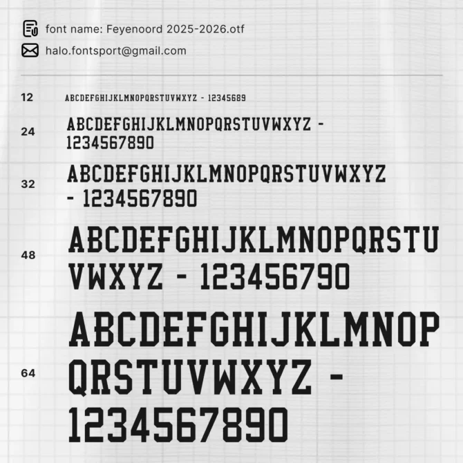 Feyenoord Font Kit 2025/2026 full alphabet and numeric preview in different sizes and weights from 12pt to 64pt – ideal for jersey number layout and creative projects