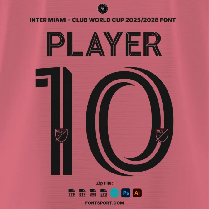 Typography design for Inter Miami 2025/2026 jersey – number 10 with MLS logo using official Club World Cup font.
