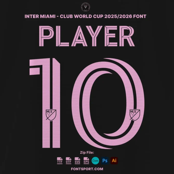 Bold pink and black jersey font style – Inter Miami 2025/2026 Font Kit with MLS logo placement.