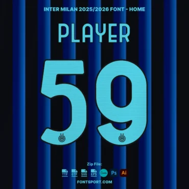 Home jersey number example using Inter Milan 2025/2026 Font Kit in cyan blue style with embedded Inter logo.