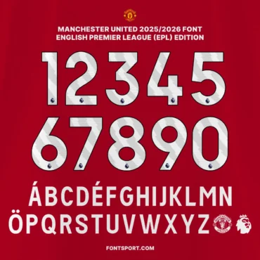 Full Alphabet and Numbers Preview – Manchester United EPL 2025/2026 Official Font with Logos