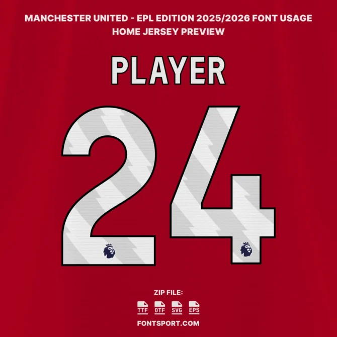 Manchester United EPL 2025/2026 Font Preview – Official Jersey Number Style with Premier League Logo