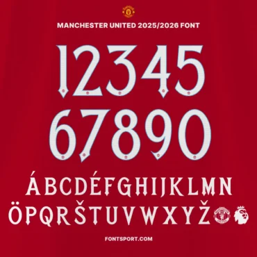 Manchester United 2025/2026 Font Kit – Display of full A-Z uppercase letters and 0-9 numbers in Premier League style, featuring official Manchester United and EPL logos