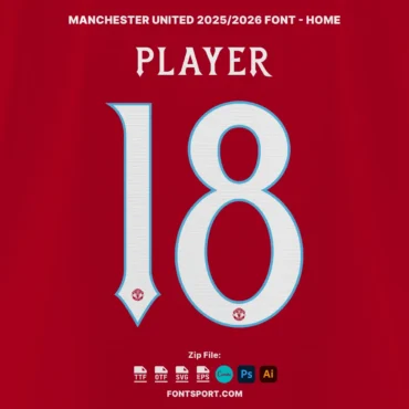 Manchester United Home Font 2025/2026 – Custom player number mockup with zip file formats including OTF, TTF, SVG, and Vector, compatible with Adobe, Canva, and Figma