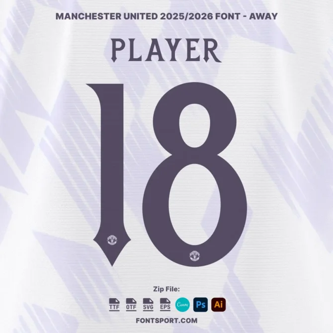Manchester United Away Font Kit 2025/2026 – Editable away jersey design using official font kit with EPS, SVG, and font files for digital creatives and merchandise