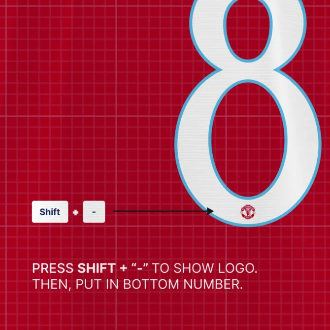 How to type Manchester United logo using the 2025/2026 Font Kit – Press Shift and hyphen to insert embedded club logo under jersey number design