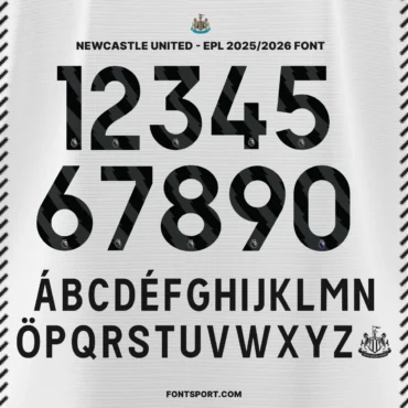 Newcastle United 2025/2026 EPL font full alphabet and number set with official Premier League logo patterns – ideal for jersey design and merchandise.