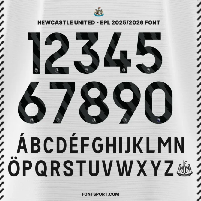 Newcastle United 2025/2026 EPL font full alphabet and number set with official Premier League logo patterns – ideal for jersey design and merchandise.