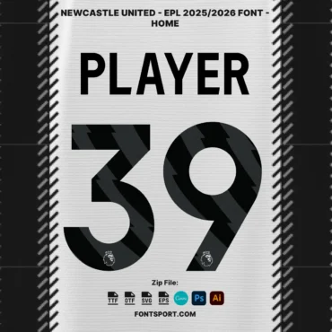 Newcastle United EPL 2025/2026 home kit font preview with player number 39 and lightning-style texture, featuring Premier League logo on numerals.