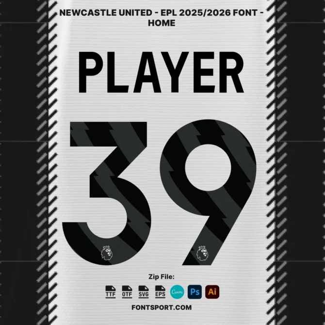 Newcastle United EPL 2025/2026 home kit font preview with player number 39 and lightning-style texture, featuring Premier League logo on numerals.