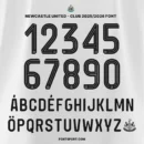 Newcastle United 2025/2026 Font – Full character set with numbers 0–9, uppercase alphabet A–Z, multilingual characters, and embedded club logos.