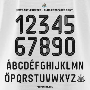 Newcastle United 2025/2026 Font – Full character set with numbers 0–9, uppercase alphabet A–Z, multilingual characters, and embedded club logos.