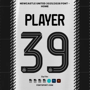 Newcastle United 2025/2026 Font Home Kit – Number 39 and player name mockup with official typeface and integrated club badge in black.
