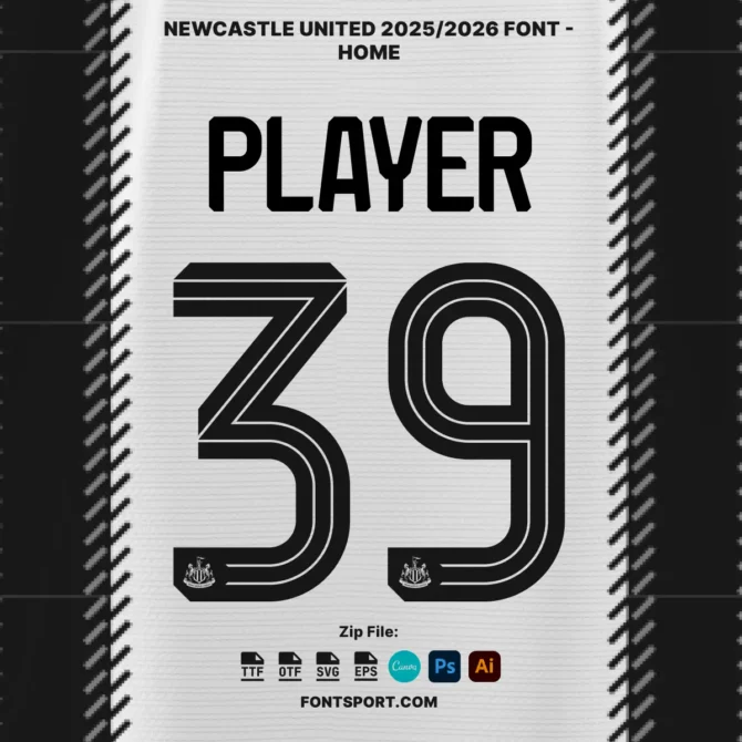 Newcastle United 2025/2026 Font Home Kit – Number 39 and player name mockup with official typeface and integrated club badge in black.