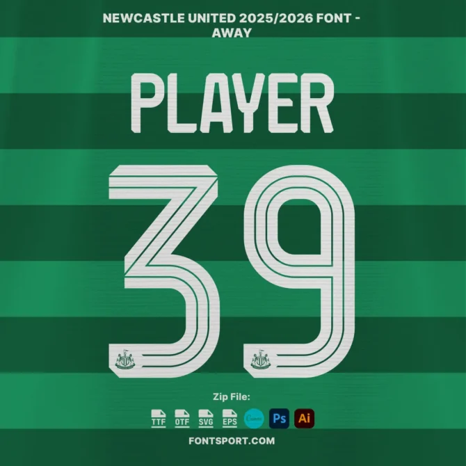 Newcastle United 2025/2026 Font Away Kit – Green shirt preview showing number 39 in vector typeface with included club logo.