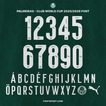 Preview of Palmeiras Club World Cup 2025/2026 Font Kit with official numbers, alphabet, and Puma logo.