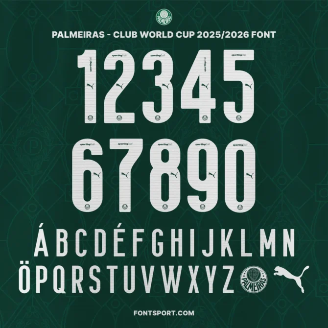 Preview of Palmeiras Club World Cup 2025/2026 Font Kit with official numbers, alphabet, and Puma logo.
