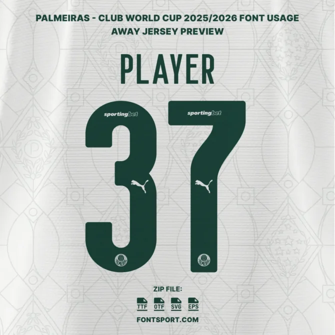 Away jersey font application for Palmeiras Club World Cup 2025/2026 with number mockup and sponsor.