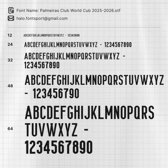 Typography size variations from 12pt to 64pt using Palmeiras Club World Cup 2025/2026 Font in alphabet and numbers.
