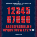 PSG Club World Cup 2025/2026 font mockup with bold jersey numbers, XO logo, and PSG crest in red and white on navy background, ideal font for football fans, designers, jersey makers, and sports merchandise.