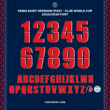 PSG Club World Cup 2025/2026 font mockup with bold jersey numbers, XO logo, and PSG crest in red and white on navy background, ideal font for football fans, designers, jersey makers, and sports merchandise.