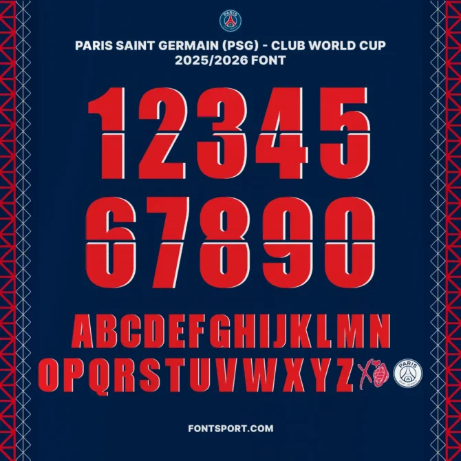 PSG Club World Cup 2025/2026 font mockup with bold jersey numbers, XO logo, and PSG crest in red and white on navy background, ideal font for football fans, designers, jersey makers, and sports merchandise.